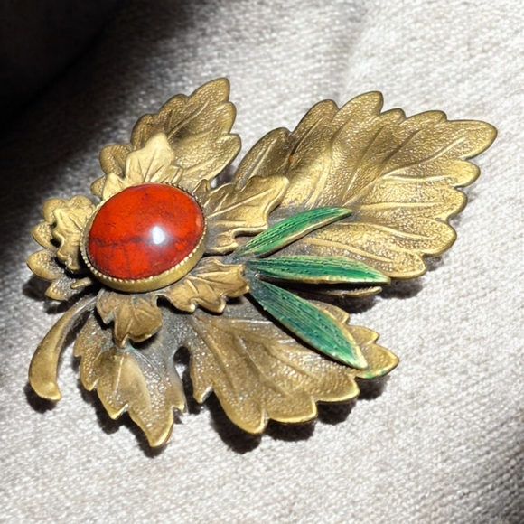 Vintage Maple Leaf Brooch Pin Layered Multi Metal & Agate Accent 2" Fall Jewelry - Picture 4 of 6